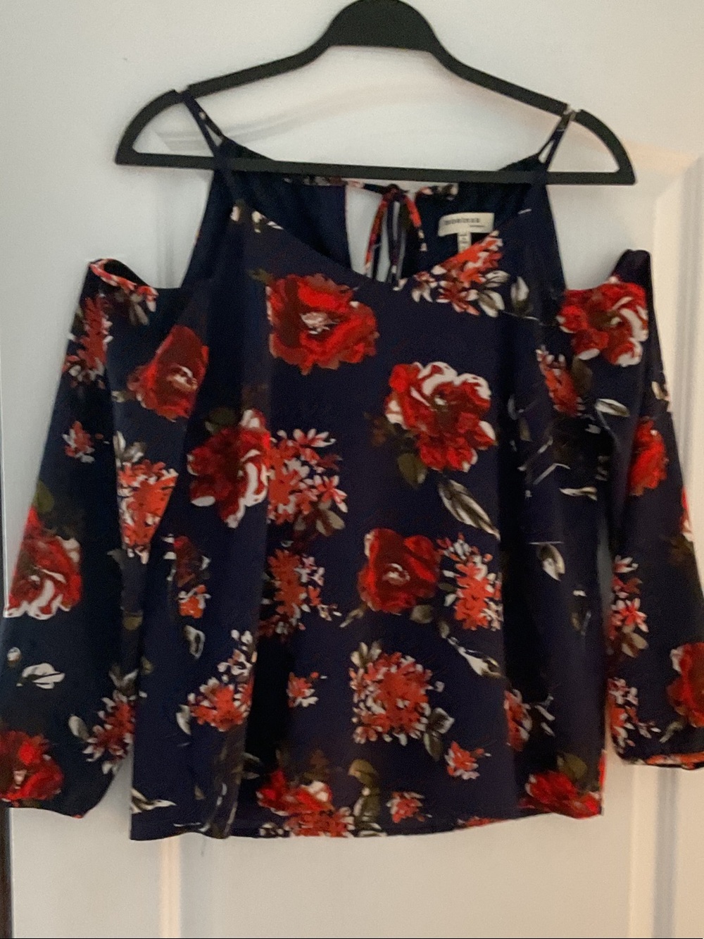 Apt. 9 Navy Cold-Shoulder Blouse with Red Floral Print